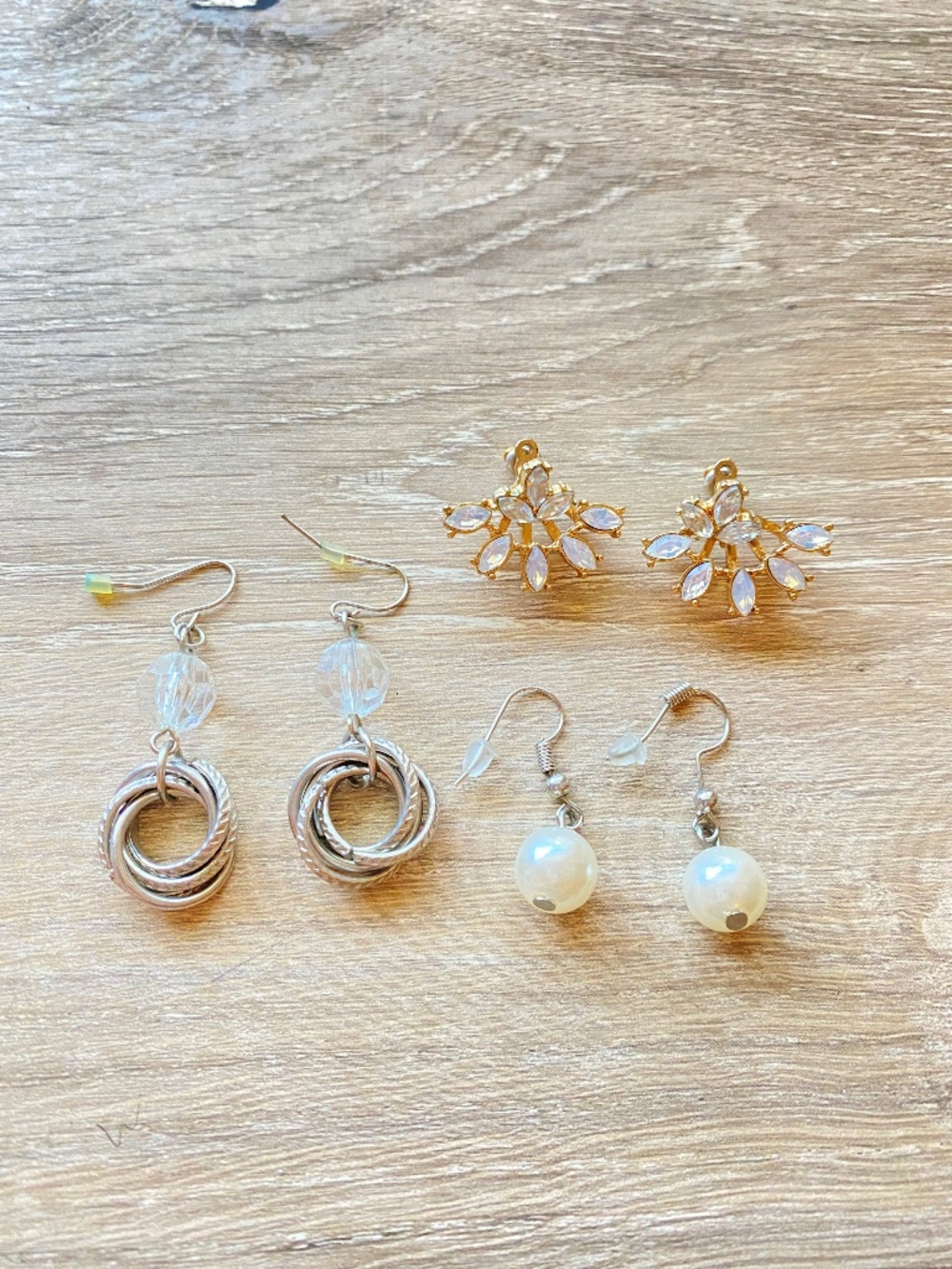 3 Pair Earring Lot: Silver Love Knots, Gold Crystals, White Beads